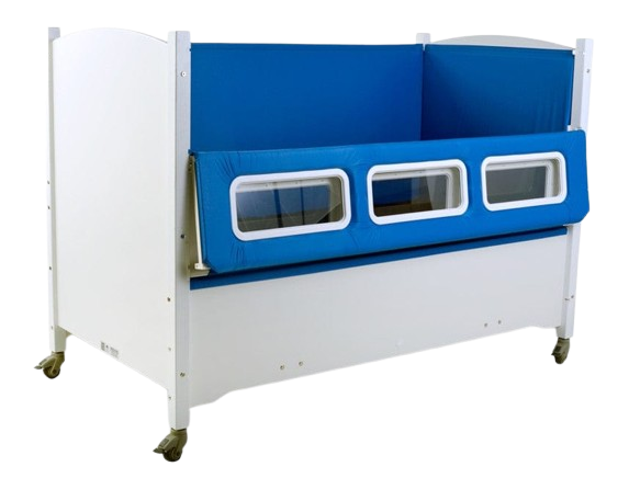 Sleep Safe Tall Bed Full Size Side View White Finish With Dark Blue Padding