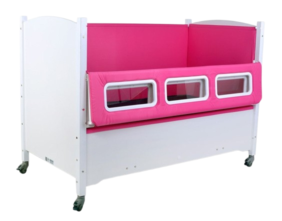 Sleep Safe Tall Bed Full Size Side View White Finish With Pink Padding