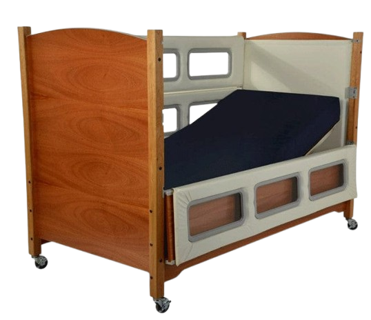Sleep Safe Tall Bed Full Size Side View Wooden Finish With Cream Padding And Dual View Configuration