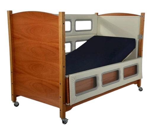 Sleep Safe Tall Bed Full Size Side View Wooden Finish With Cream Padding And Dual View Configuration