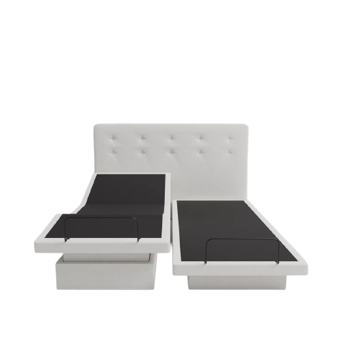 The Dawn House Bed Front Centered View Ivory Color In The Split King Configuration Without Mattress And With Headboard In The Head And Leg Articulated Position