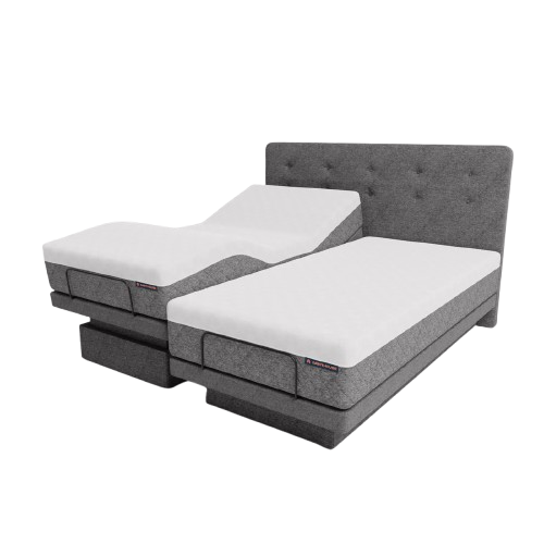The Dawn House Bed Front View Gray Slate Color In The Split King Configuration With Mattress And Headboard In The Head And Leg Articulated Position