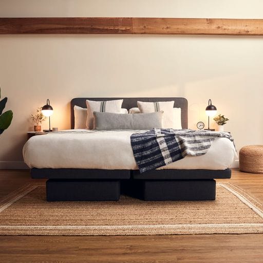 The Dawn House Bed Front View Gray Slate Color Split King With Mattress And Headboard