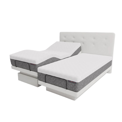 The Dawn House Bed Front View Ivory Color In The Split King Configuration With Mattress And Headboard In The Head And Leg Articulated Position