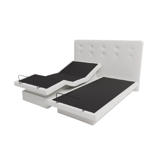 The Dawn House Bed Front View Ivory Color In The Split King Configuration Without Mattress And With Headboard In The Head And Leg Articulated Position