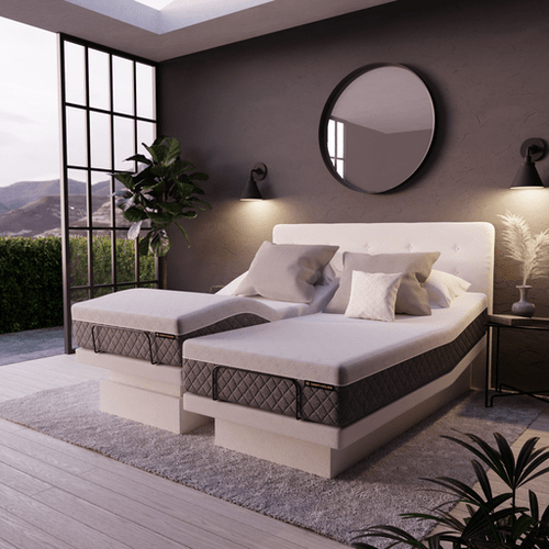 Dawn House Smart Bed Front View In Split King Ivory Color With Headboard and Mattresses