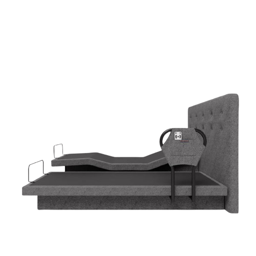 The Dawn House Bed Left Side View Gray Slate Color In The Split King Configuration Without Mattress And With Headboard And Side Rail In The Head And Leg Articulated Position