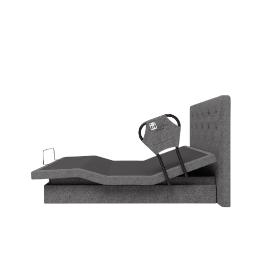 The Dawn House Bed Left Side View Gray Slate Color Without Mattress, With Headboard And Side Assist Rail In The Head And Leg Articulated Position