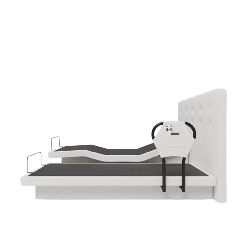 The Dawn House Bed Left Side View Ivory Color In The Split King Configuration Without Mattress And With Headboard And Side Rail In The Head And Leg Articulated Position