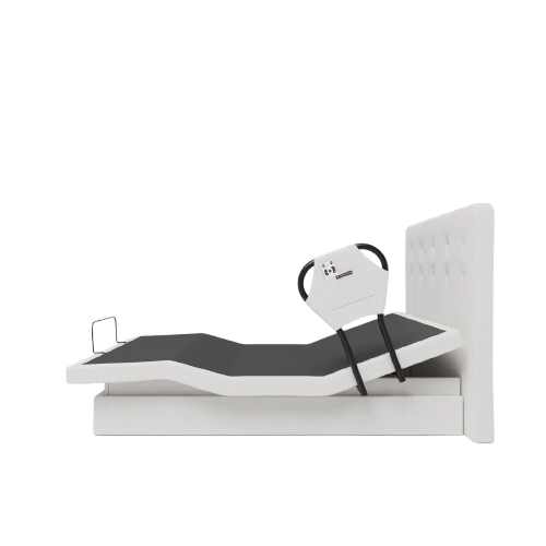 The Dawn House Bed Left Side View Ivory Color Without Mattress, With Headboard And Side Assist Rail In The Head And Leg Articulated Position
