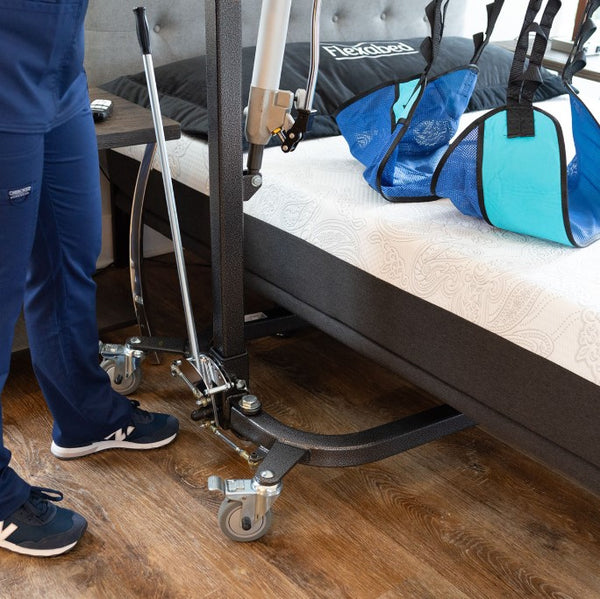 The Flexabed Hi Low Adjustable Bed Side View With Patient Lift And Caregiver
