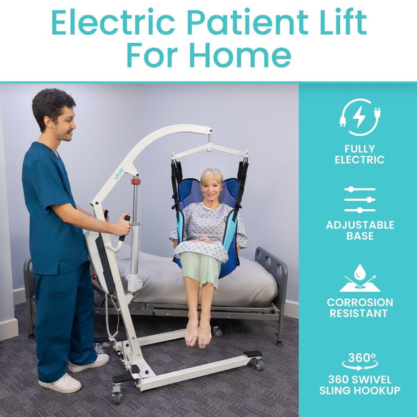 The Vive Health Electric Patient Lift Being Used To Assist A Patient In A Home Setting With Text 'Electric Patient Lift For Home'