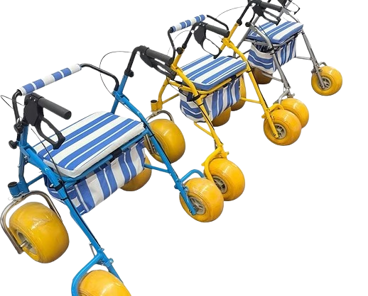 Three AccessRec AccessWalk® All-Terrain Beach Rollators Shown In Blue And Black, Yellow And Black, And Grey And Black Colors