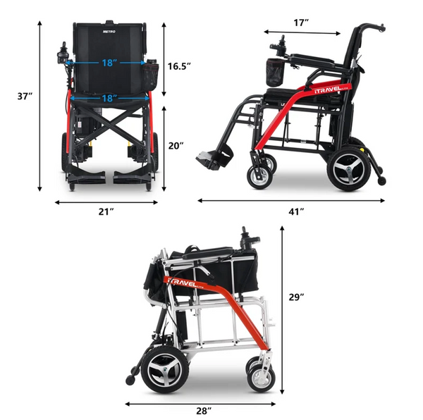 Three Different Images Of The Metro Mobility iTravel Lite Lightweight Electric Wheelchair Demonstrating Its Dimensions
