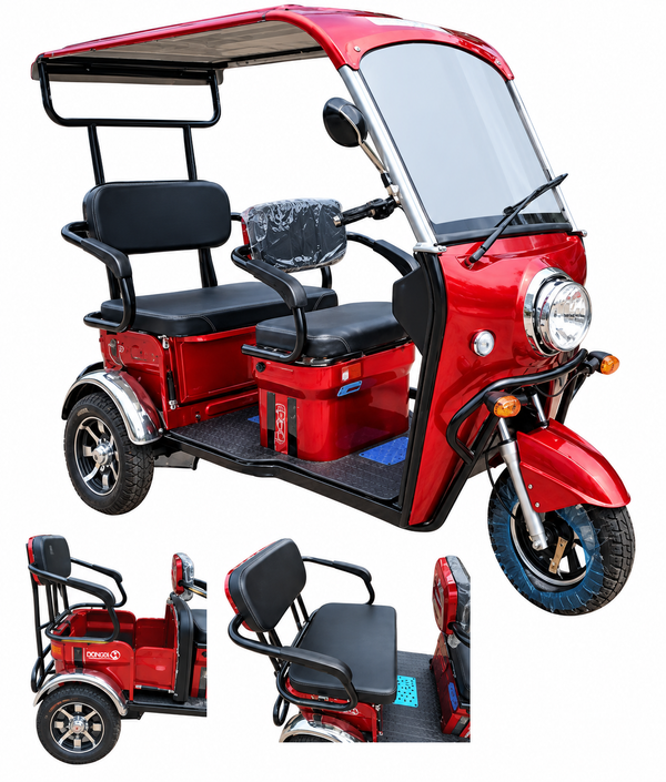 Three Different Images Of The Pushpak Motors- Pusphak 5000S Two Person Electric Scooter Highlighting Its Utility Storage Compartment And Rear Seat