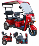 Three Different Images Of The Pushpak Motors- Pusphak 5000S Two Person Electric Scooter Highlighting Its Utility Storage Compartment And Rear Seat