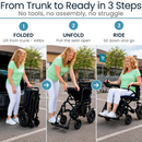 Three Images Of A Woman Unfolding The Vive Health Air Frame Power Wheelchair From Her Car To The Chair Position With Text. From Trunk To Ready In 3 Steps And No Tools No Assembly No Struggle