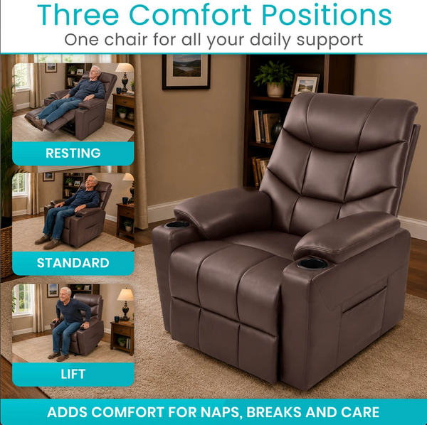 Three Images Of The Vive Health Lounge Lift Chair Shown In Three Positions Resting Standard And Lift With Text Three Comfort Positions And One Chair For All Your Daily Support