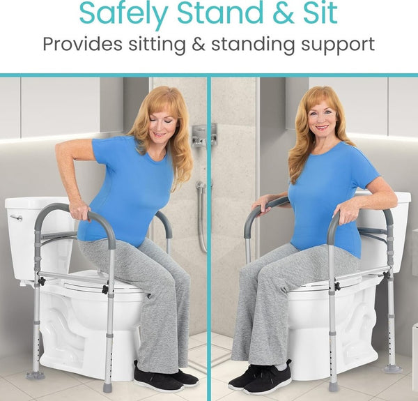 Two Images Of A Woman Demonstrating The Sitting And Standing Support The Vive Health Toilet Safety Frame With Handles Provides In A Bathroom Setting
