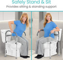 Two Images Of A Woman Demonstrating The Sitting And Standing Support The Vive Health Toilet Safety Frame With Handles Provides In A Bathroom Setting