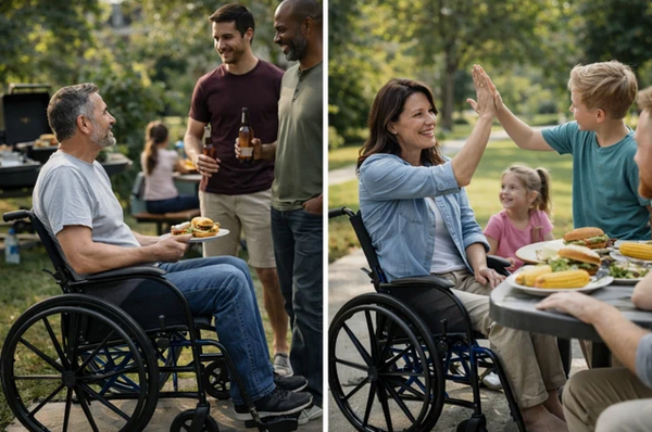 Two Images Of The Strongback ErgoSteel Wheelchair. One With A Man Sitting In The ErgoSteel Wheelchair Talking With Two Other Men In An Outdoor Setting And The Other Is Of A Woman Sitting In The ErgoSteel At An Outdoor Table