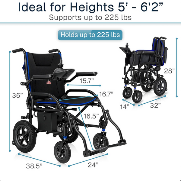 Two Images Of The Vive Health Air Frame Power Wheelchair In The Folded And Unfolded Positions With Dimensions Listed And Text Ideal Heights 5 6 2 And Supports Up To 225 lbs