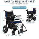 Two Images Of The Vive Health Air Frame Power Wheelchair In The Folded And Unfolded Positions With Dimensions Listed And Text Ideal Heights 5 6 2 And Supports Up To 225 lbs