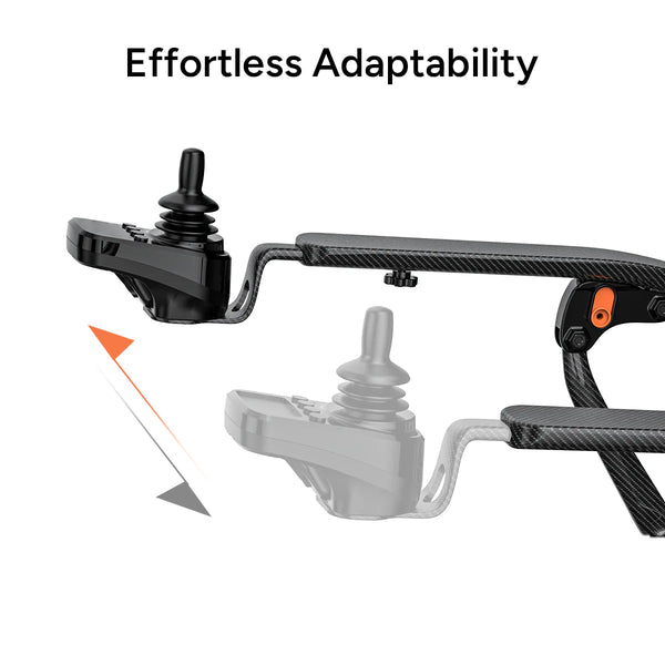 Two Mechanical Components Of The Paiseec Q5 Carbon Fiber Electric Wheelchair With 'Effortless Adaptability' Text On A White Background Highlighting That The Joysticks Are Interchangeable 