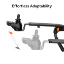 Two Mechanical Components Of The Paiseec Q5 Carbon Fiber Electric Wheelchair With 'Effortless Adaptability' Text On A White Background Highlighting That The Joysticks Are Interchangeable 