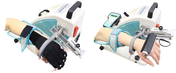 Two Views Of The Kinetec Maestra Hand And Wrist CPM Machine With A Limb Attached, Showing Its Functionality.