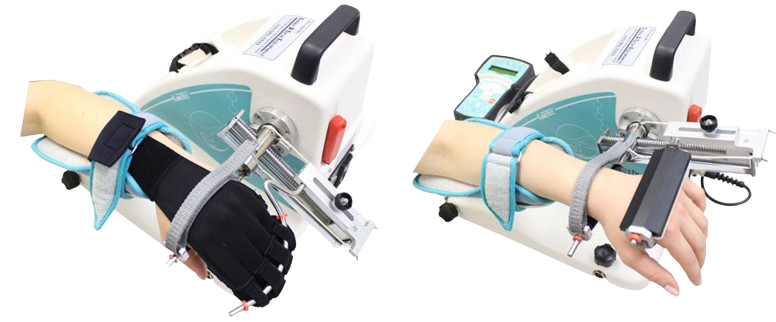 Two Views Of The Kinetec Maestra Hand And Wrist CPM Machine With A Limb Attached, Showing Its Functionality.