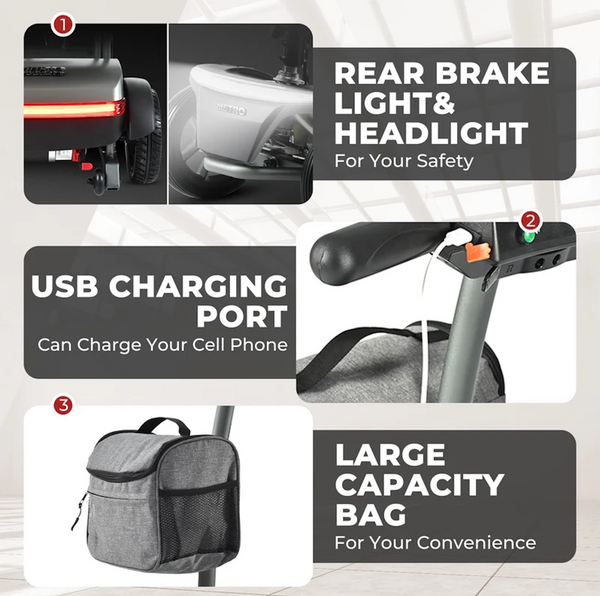 USB Charging Port Rear Brake Light And Headlight And Large Capacity Bag For The Metro Mobility Air Traveller 4 Wheel Travel Mobility Scooter