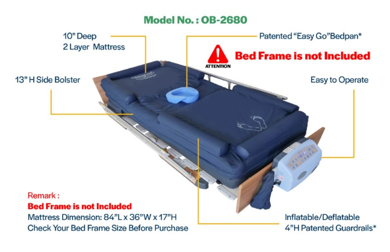 ObboMed OB-2680 PremiumAir Low Air Loss Mattress With Inflatable Guardrail And Bed Pan Access