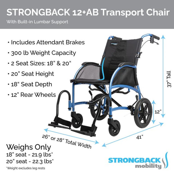 Upright Dimensions Of The Strongback 12 +AB Lightweight Transport Chair