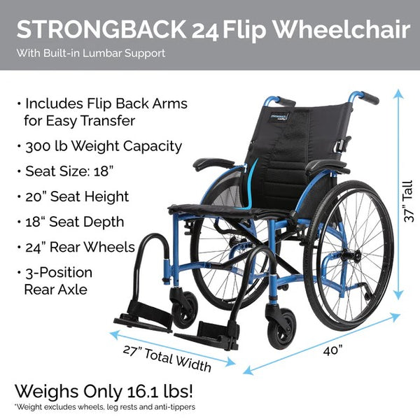 Upright Dimensions Of The Strongback 24 Flip Back Arms Ultra-Lightweight Wheelchair