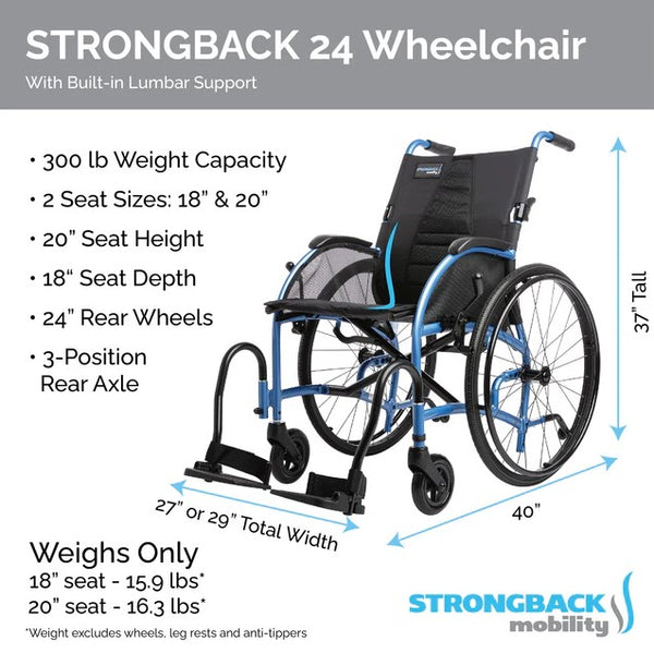 Upright Dimensions Of The Strongback 24 Ultra-Lightweight Wheelchair