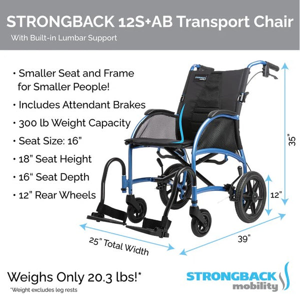 Upright Dimensions Of The Strongback Excursion 12S +AB Lightweight Transport Chair