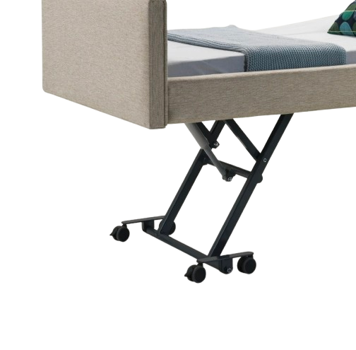 View Of The Rear Wheels Of The Nitrocare Miranda Hi Low Adjustable Bed Highlighting Its Locking Feature And Four Wheel Design