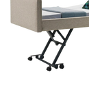 View Of The Rear Wheels Of The Nitrocare Miranda Hi Low Adjustable Bed Highlighting Its Locking Feature And Four Wheel Design