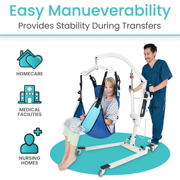 Vive Health Electric Patient Lift With A Person Being Assisted, Used In Homecare, Medical Facilities, And Nursing Homes