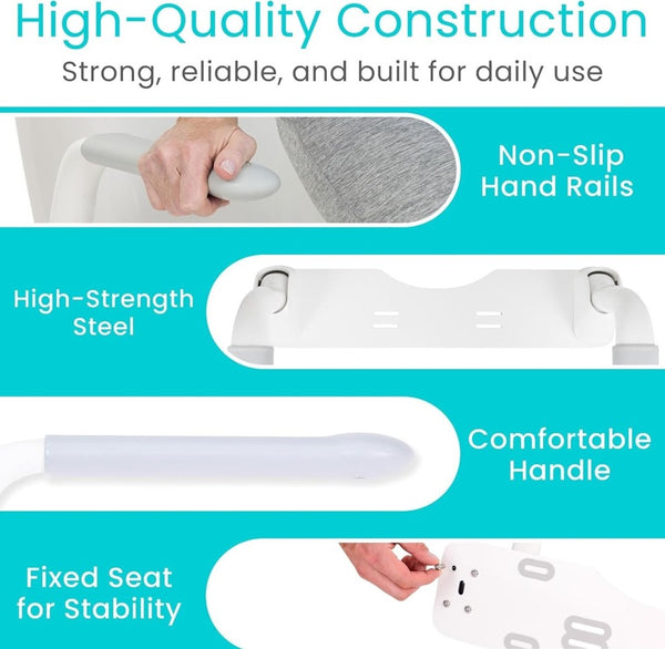 Vive Health Rise Up Toilet Rail Features With Text Highlighting Non-Slip Hand Rails, High-Strength Steel, Comfortable Handle, And Fixed Seat For Stability