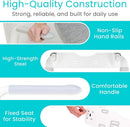 Vive Health Rise Up Toilet Rail Features With Text Highlighting Non-Slip Hand Rails, High-Strength Steel, Comfortable Handle, And Fixed Seat For Stability