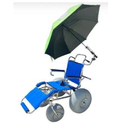 Wheeleez Sandcruiser All-Terrain Beach Wheelchair Front View In Mediterranean Blue Color With Large Balloon Wheels And Umbrella