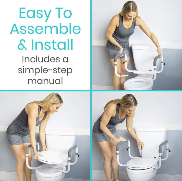 Woman Demonstrating How To Easily Assemble And Install The Vive Health Compact Toilet Rail