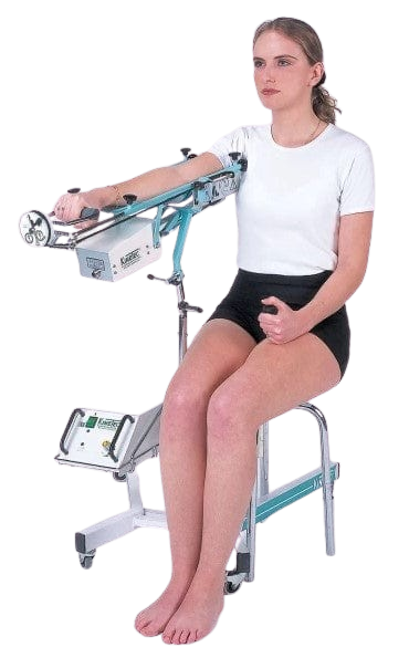 Woman In The Seated Position Front View Using The Kinetec 6080 Elbow CPM Machine