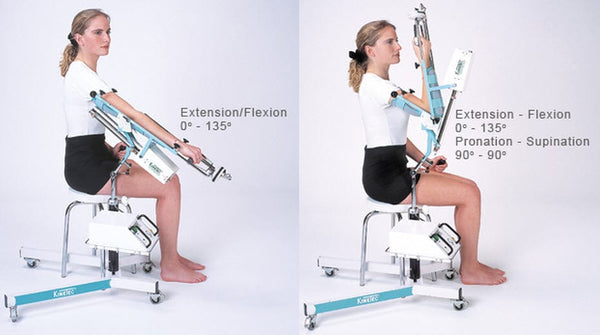 Woman In The Seated Position Side View Using The Kinetec 6080 Elbow CPM Machine Demonstrating The Different Angles Of The Machine