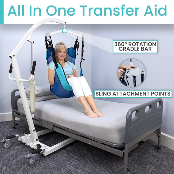Woman Inside A Sling Over A Bed For The Vive Health Hydraulic Patient Lift With Sling With Text 'All In One Transfer Aid'