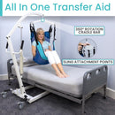 Woman Inside A Sling Over A Bed For The Vive Health Hydraulic Patient Lift With Sling With Text 'All In One Transfer Aid'