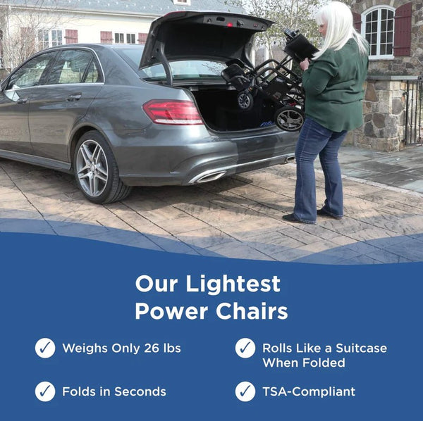 Woman Loading The Journey Air Elite Carbon Fiber Electric Wheelchair Into A Car With Promotional Text About The Chair