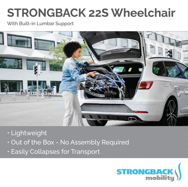 Woman Loading The Strongback 22S Ultra-Lightweight Wheelchair Into The Trunk Of A Car Demonstrating Its Lightweight Build